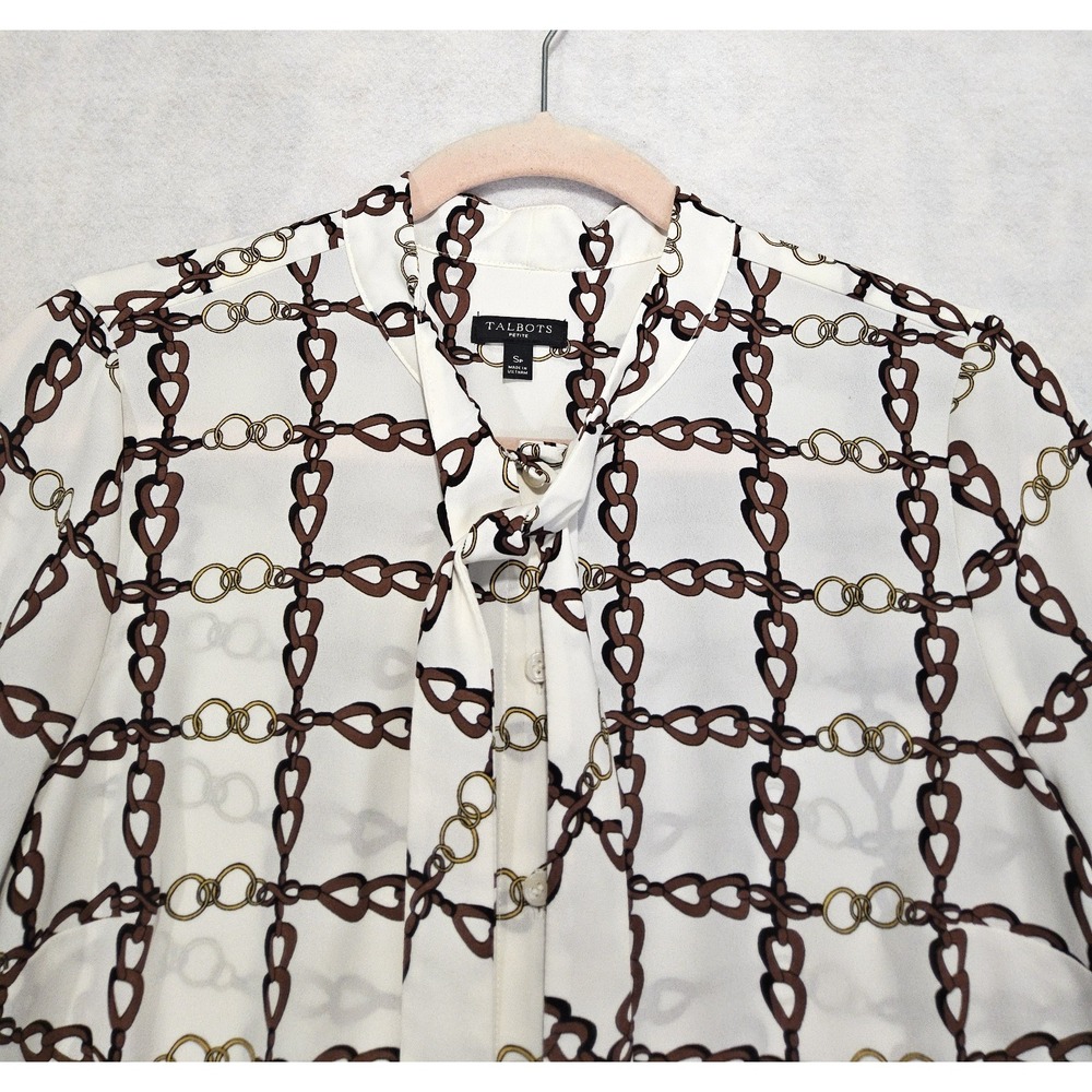 Talbots Tie Neck Blouse 8p Mp‎ Chain Link Equestrian Button Up Shirt Top White